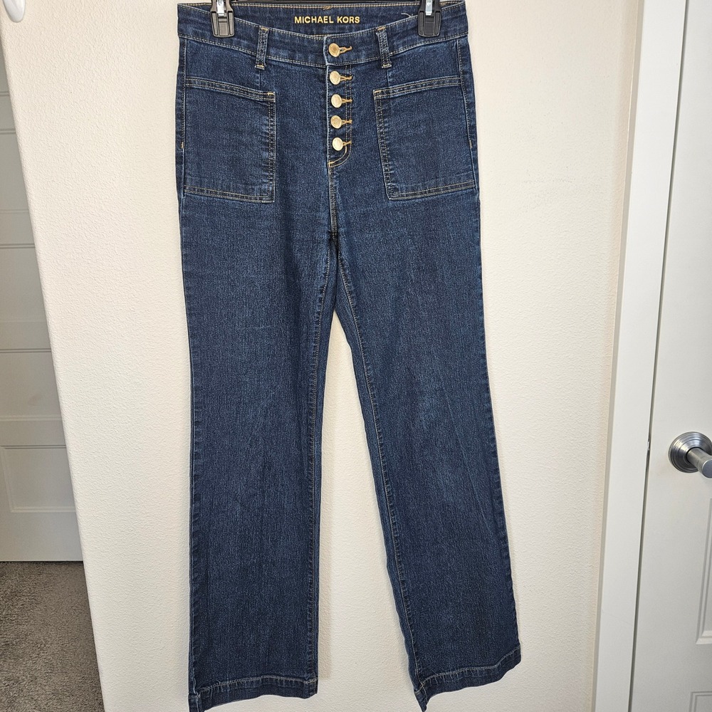 Michael Kors Womens High Rise Button Fly Straight Leg Jeans Dark Wash Size 4